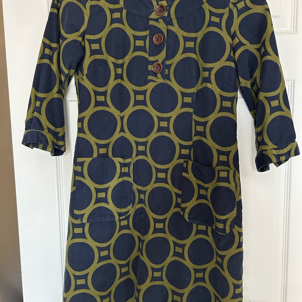 Boden Navy and Olive Patterned Garment Corduroy Retro Patch Pocket Dress